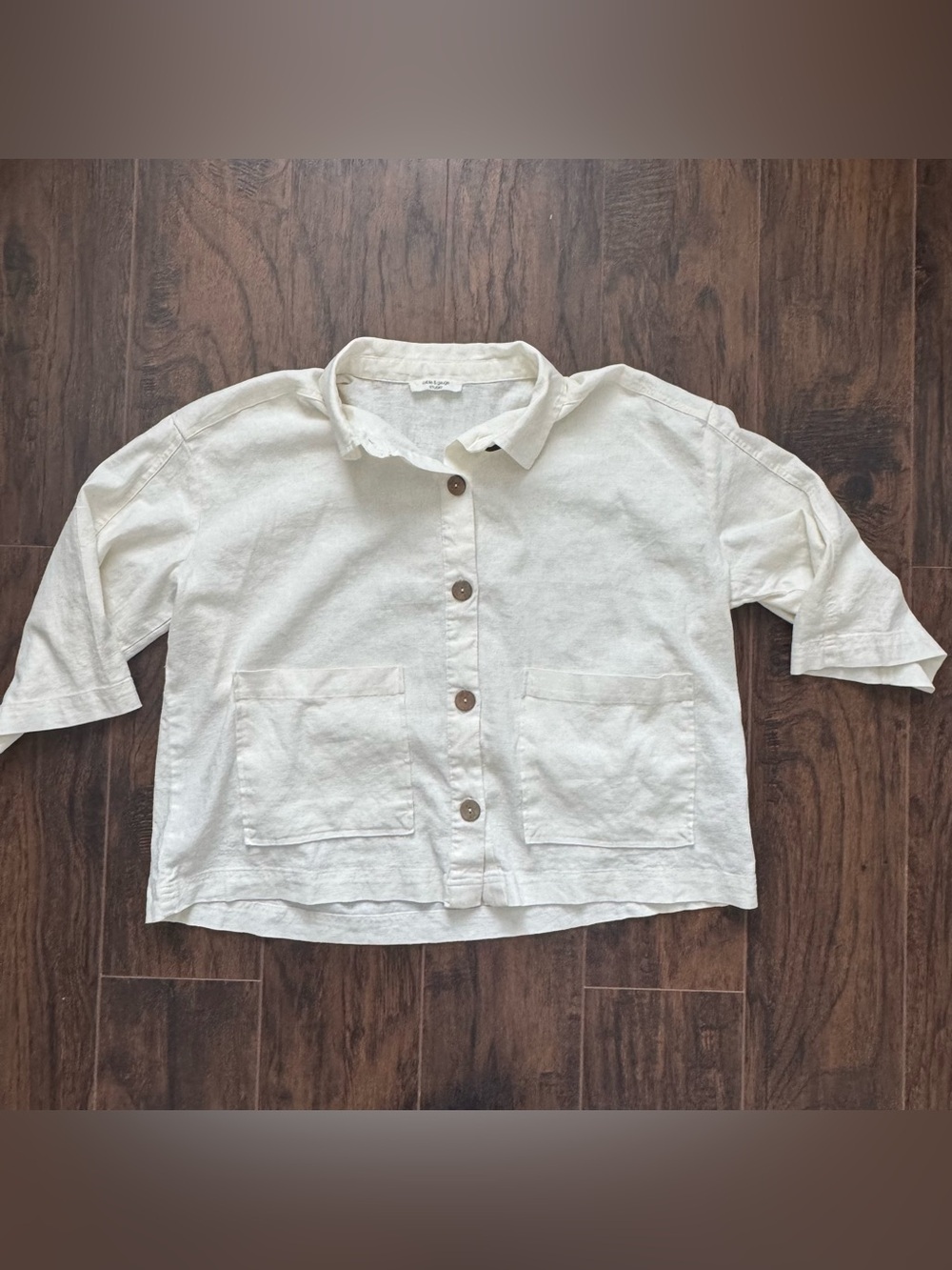 Cable & Gauge Studio Medium Ivory Linen Blend Cropped Patch Pocket Shirt Jacket